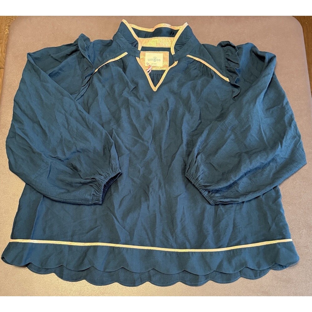 Umgee Long Sleeve Ruffled Collar Blouse Women’s Large Top Forest Green, Gold NWT - Picture 2 of 8